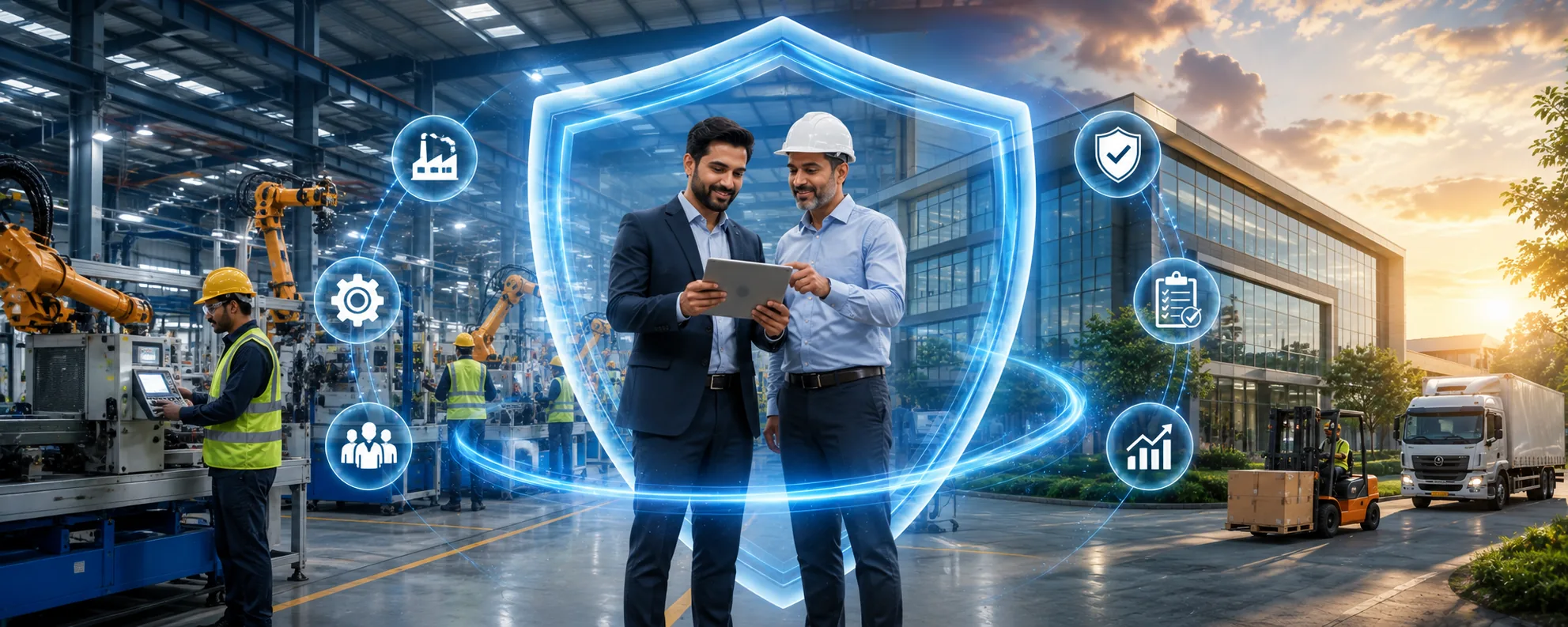 Two men review a tablet on a factory floor inside a glowing shield, robotic arms and workers in high-visibility vests behind them, an office block and delivery truck beyond; icons for plant, machinery, workforce, compliance and growth ring the scene.