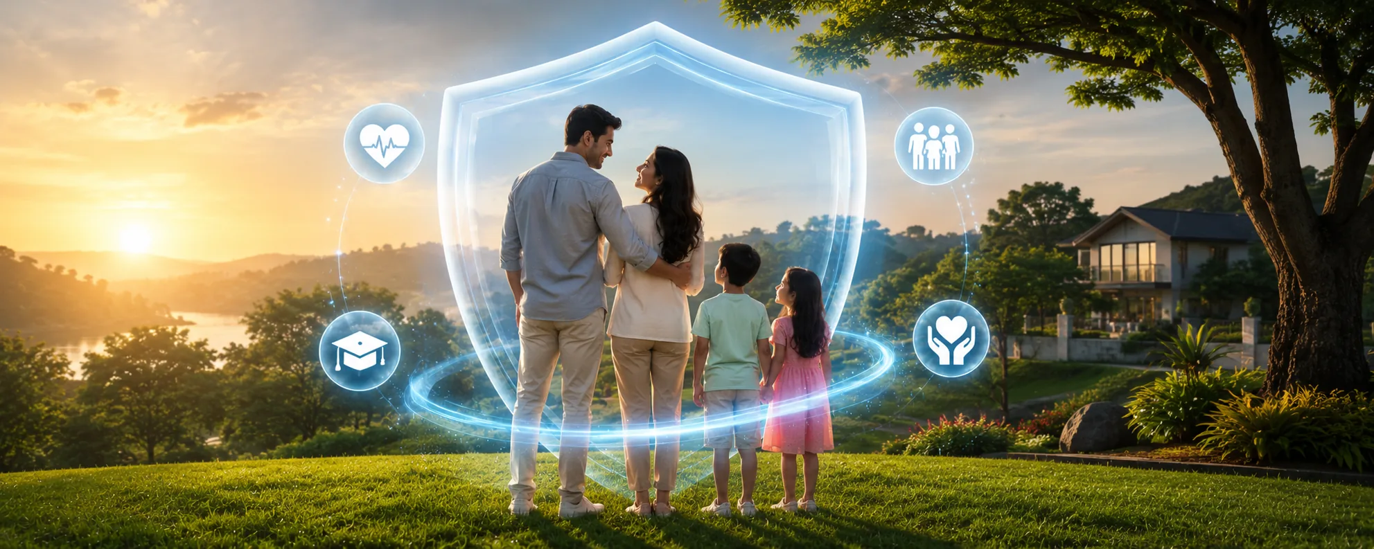 A family of four seen from behind on a hillside at sunrise, standing inside a glowing shield and looking toward a house among trees, ringed by icons for heart rate, graduation, family and cupped hands.