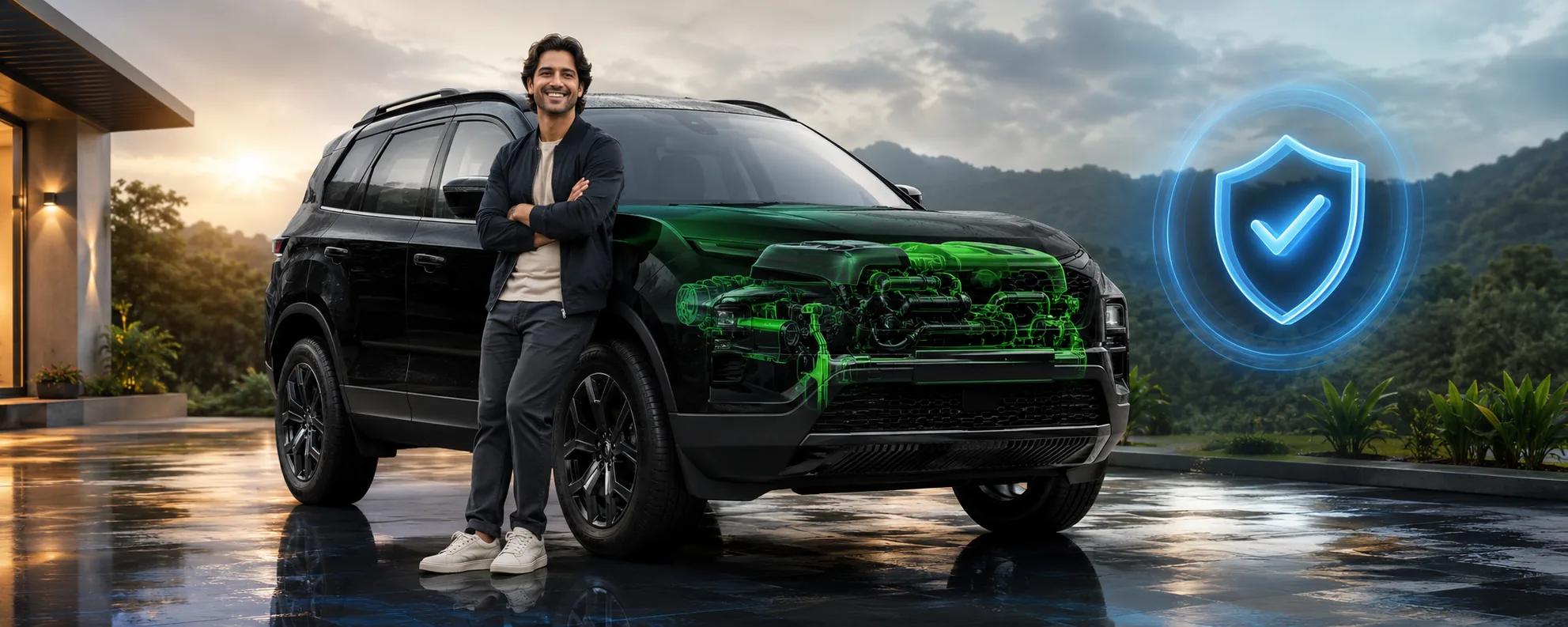 A man stands with his arms folded beside a black SUV on a wet driveway at dusk, the engine bay rendered as a green wireframe overlay, a glowing blue tick shield to his right.